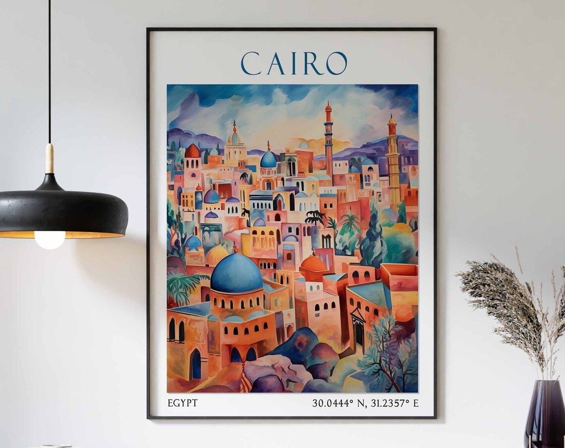 Evening Over Cairo Rooftops with Blue Domes and Minarets Poster