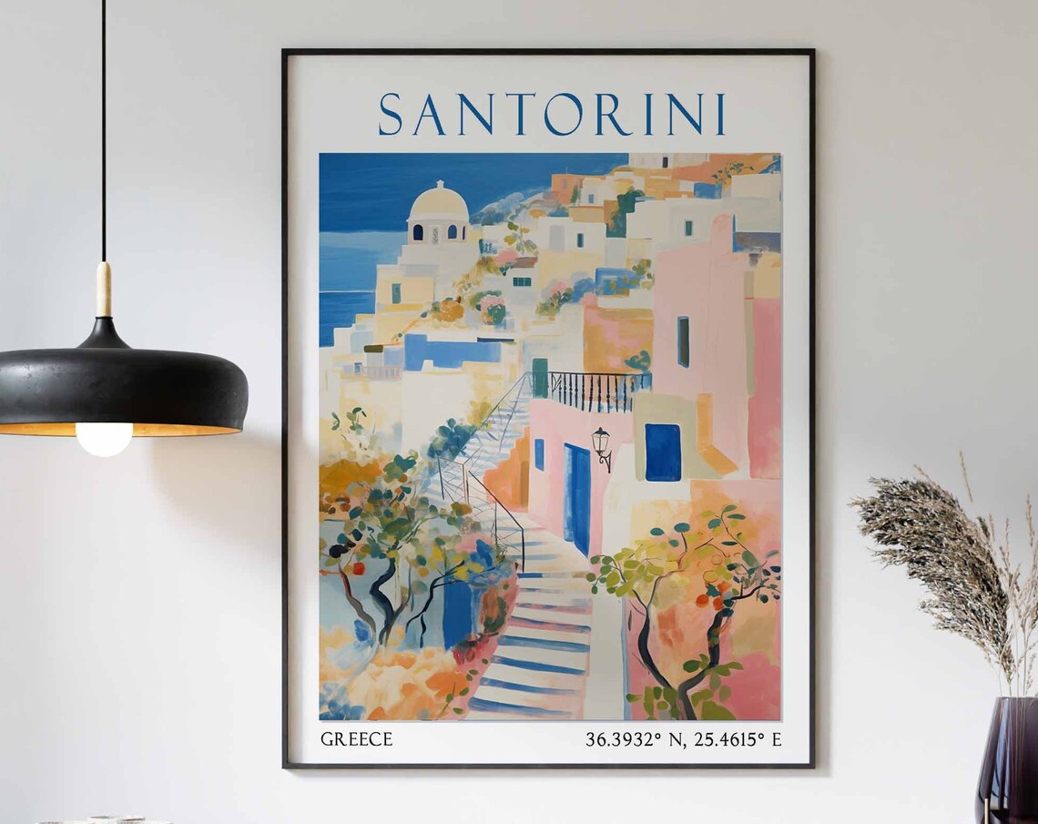 Santorini Village Alley Blue Stairs Sea Watercolor Travel Poster