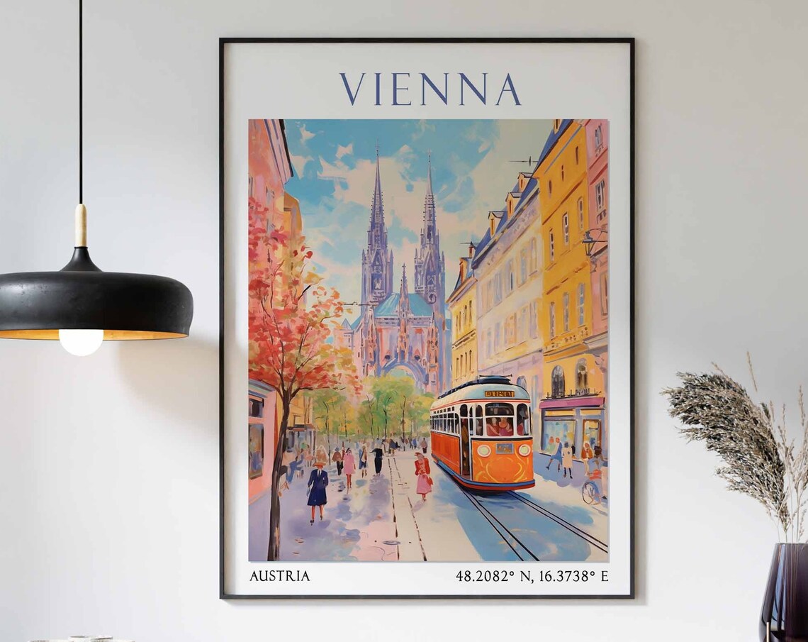 Vienna Orange Tram Cathedral Street Watercolor Travel Poster