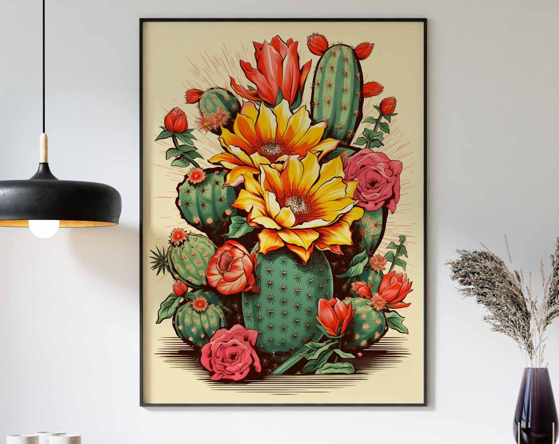 Blooming Cactus Vintage Engraving Style Yellow Flower Botanical Poster