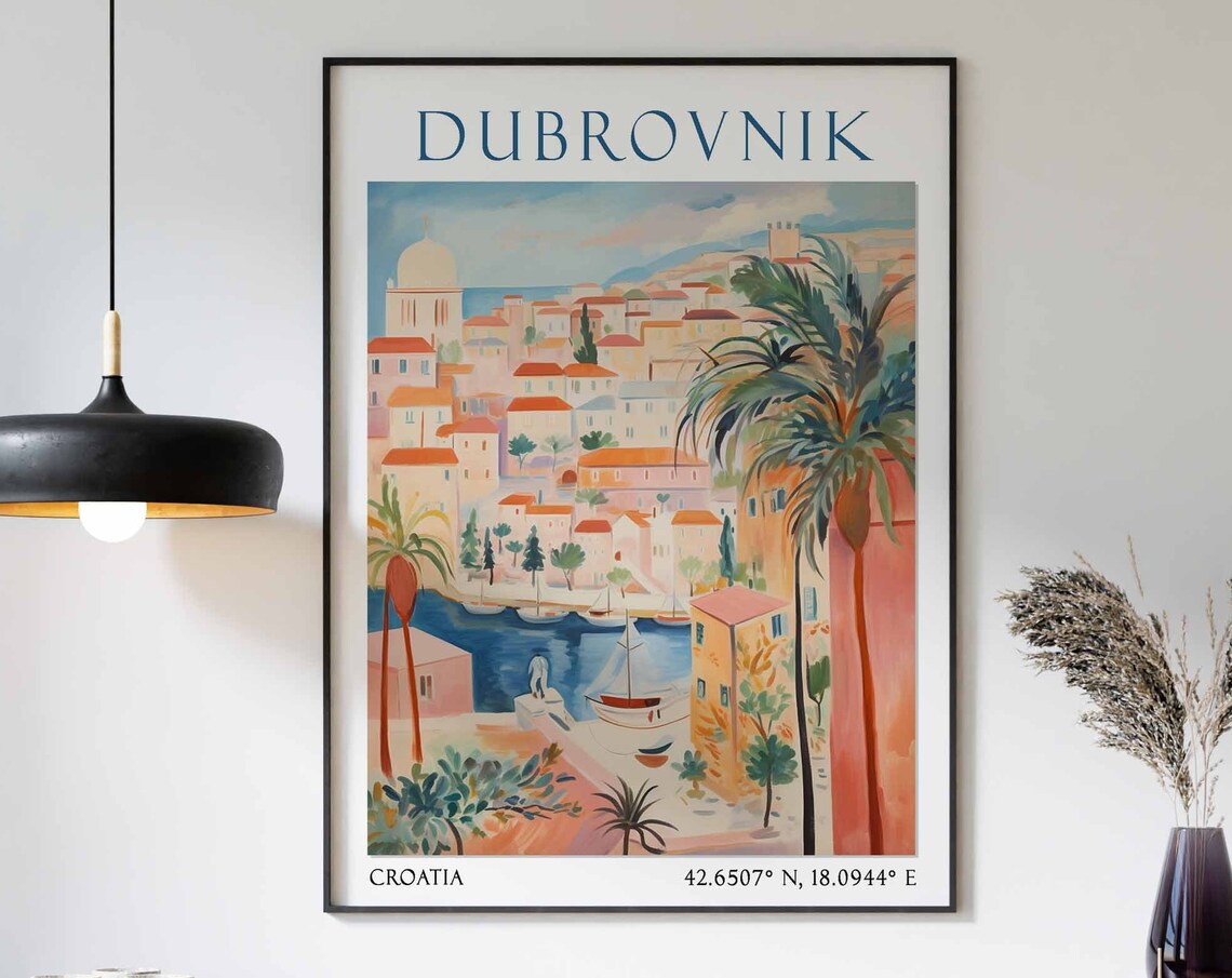 Dubrovnik Old Town Harbor with Palm Trees Croatia Poster Art