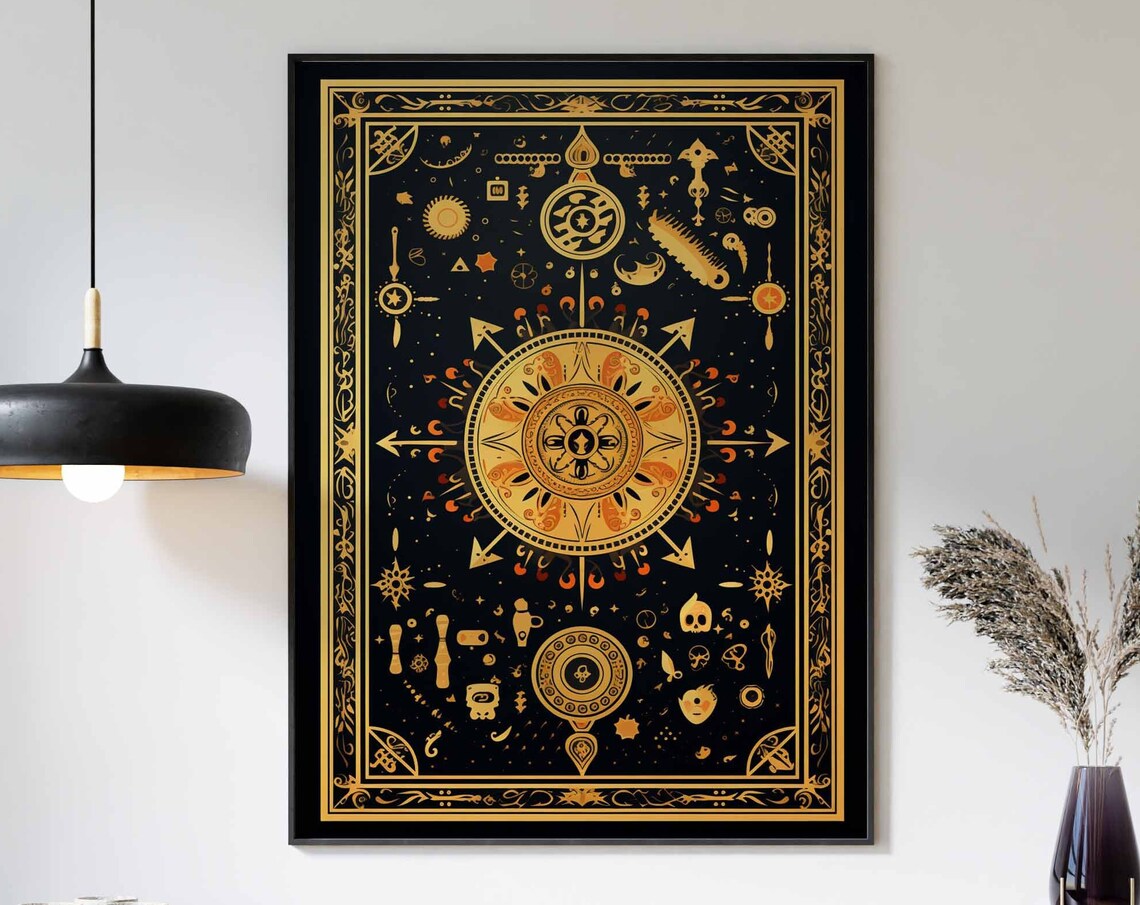 Black Gold Mystical Celestial Tarot Compass Rose Occult Art Poster