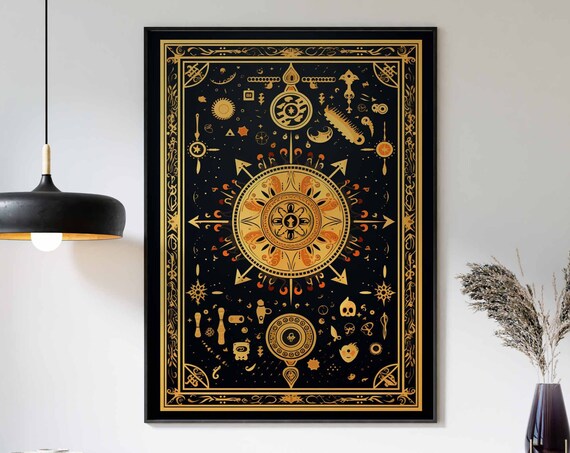 Black Gold Mystical Celestial Tarot Compass Rose Occult Art Poster