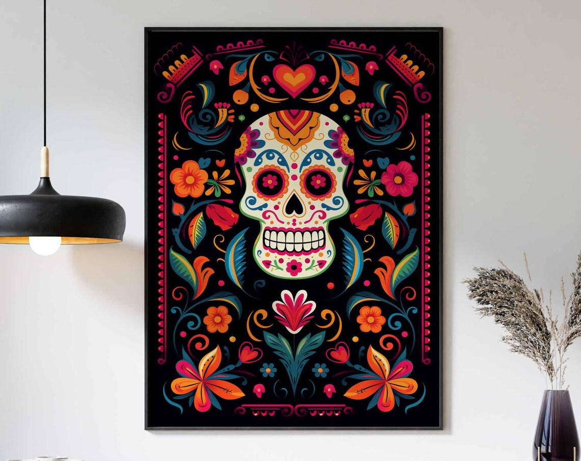 Day of the Dead Sugar Skull Heart Floral Black Fiesta Poster