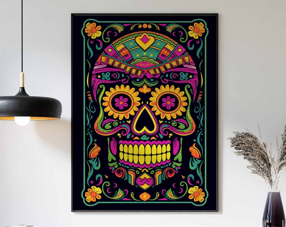 Neon Day of the Dead Sugar Skull Poster in Pink Green and Orange