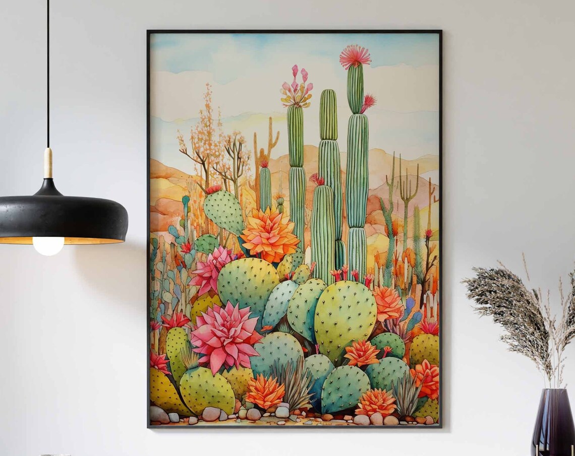 Watercolor Desert Garden with Flowering Cacti and Succulents Poster