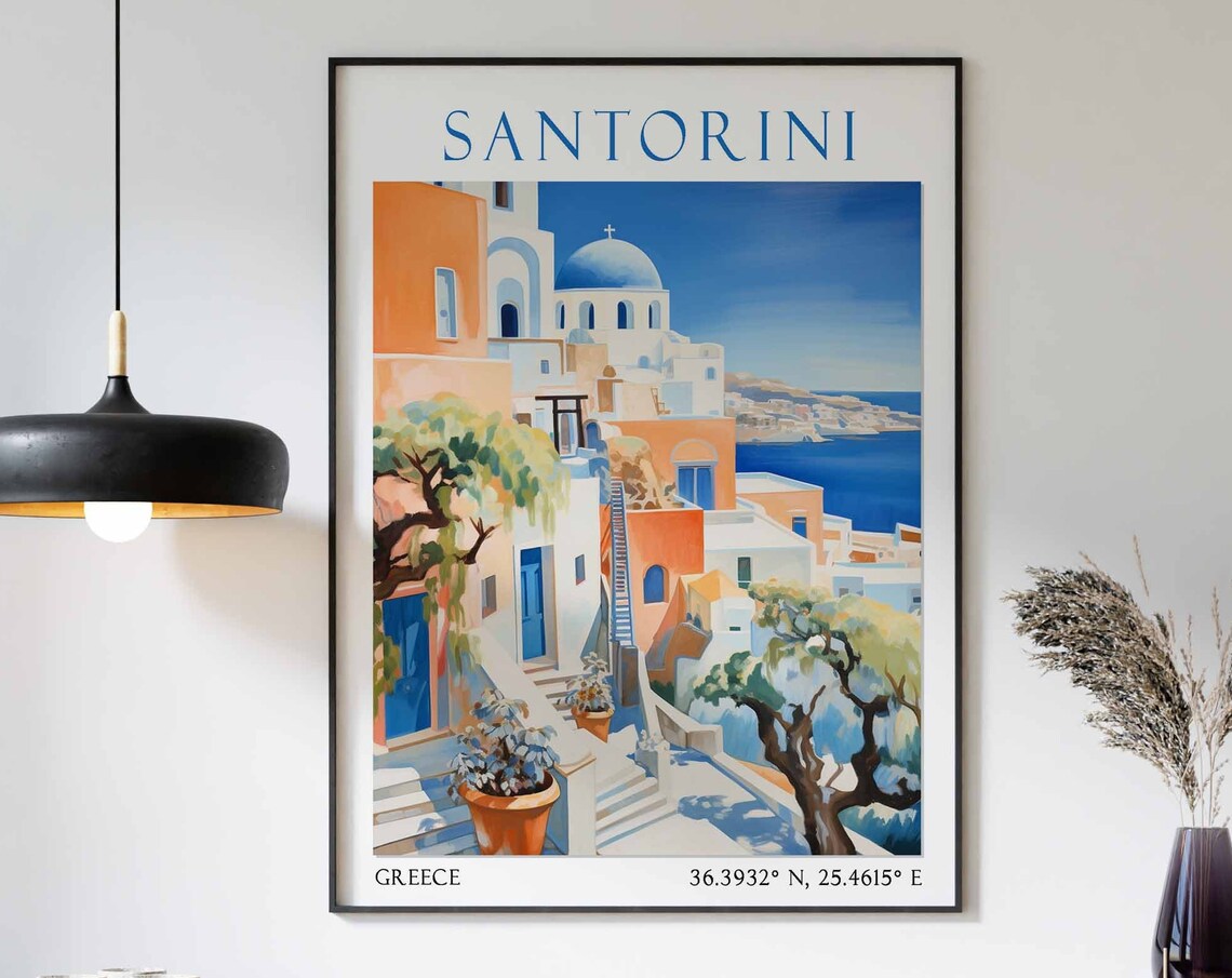 Santorini Blue Dome Church Orange Street Watercolor Travel Poster