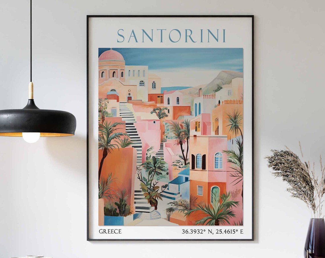 Santorini Pink Village Stairs Red Dome Palms Watercolor Travel Poster