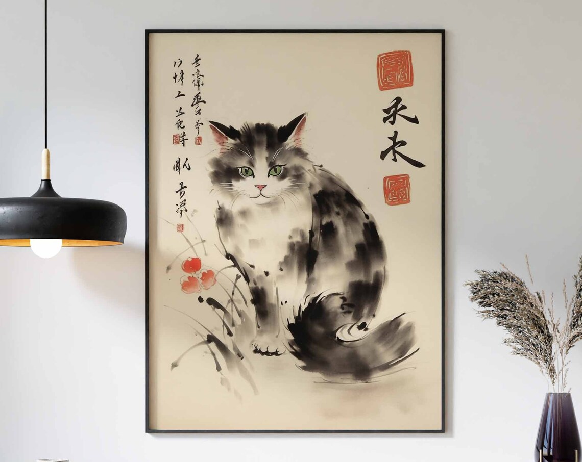 Japanese Ink Wash Longhair Cat Kanji Seals Floral Art Poster