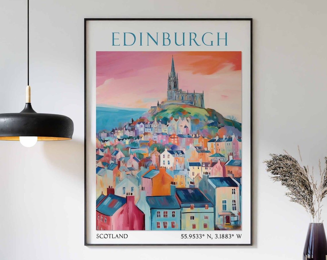 Edinburgh City at Pink Sunset with Hilltop Church Poster Art