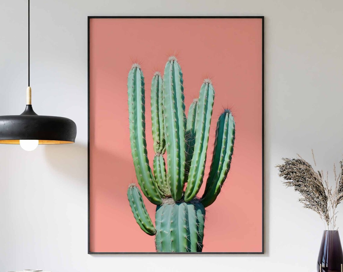 Blue-Green Fan Cactus with White Tips on a Coral Backdrop Poster