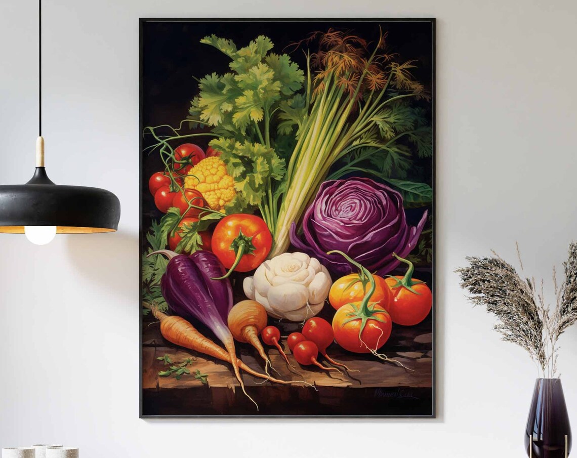 Moody Oil Painting Vegetable Still Life Tomatoes Cabbage Poster