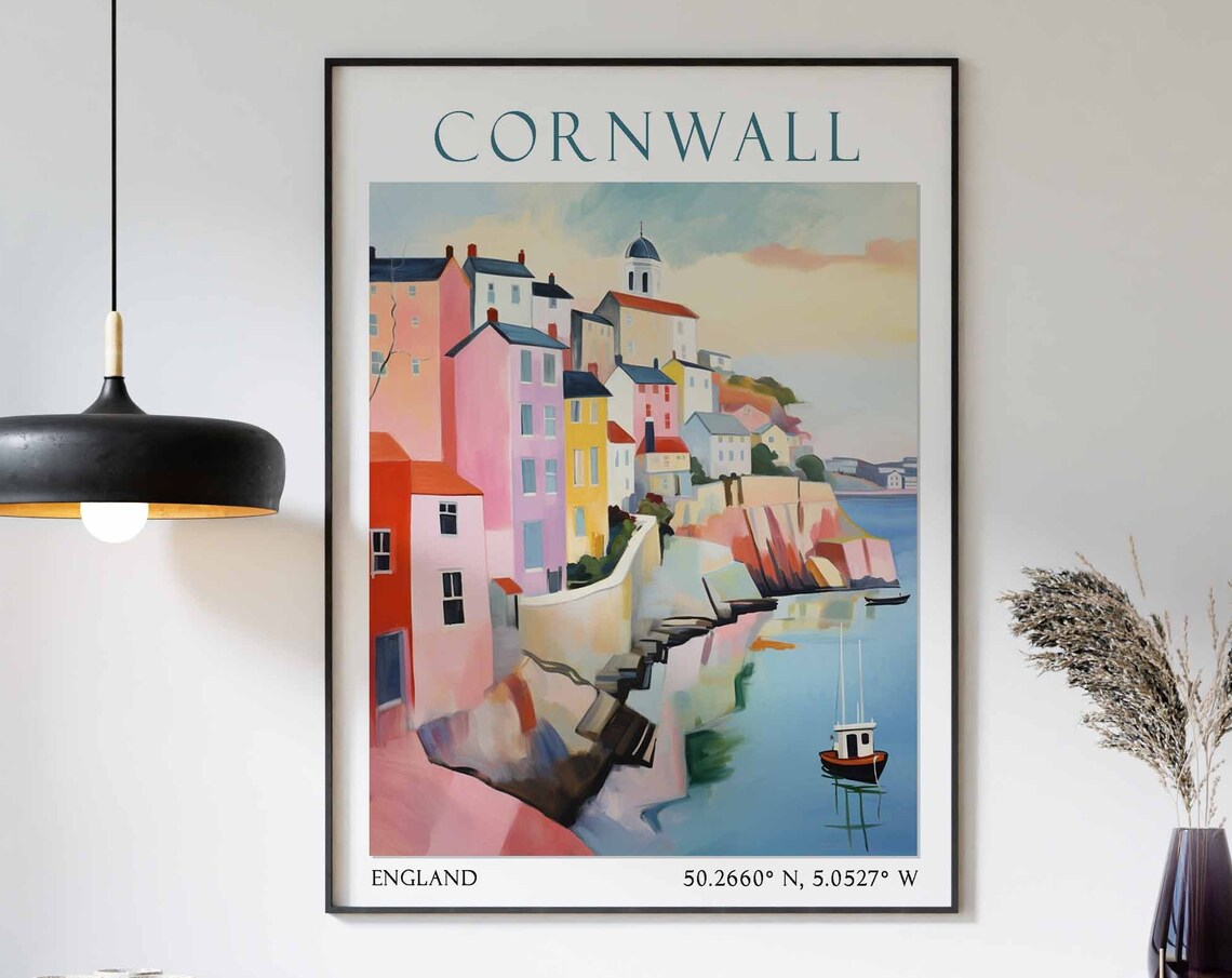 Cornwall Colorful Harbor Village Above Red Cliffs Poster Art