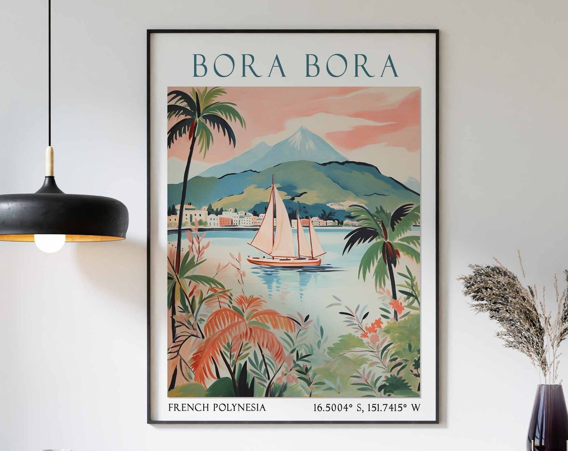 Sailboat on a Bora Bora Lagoon Beneath a Volcanic Peak Poster