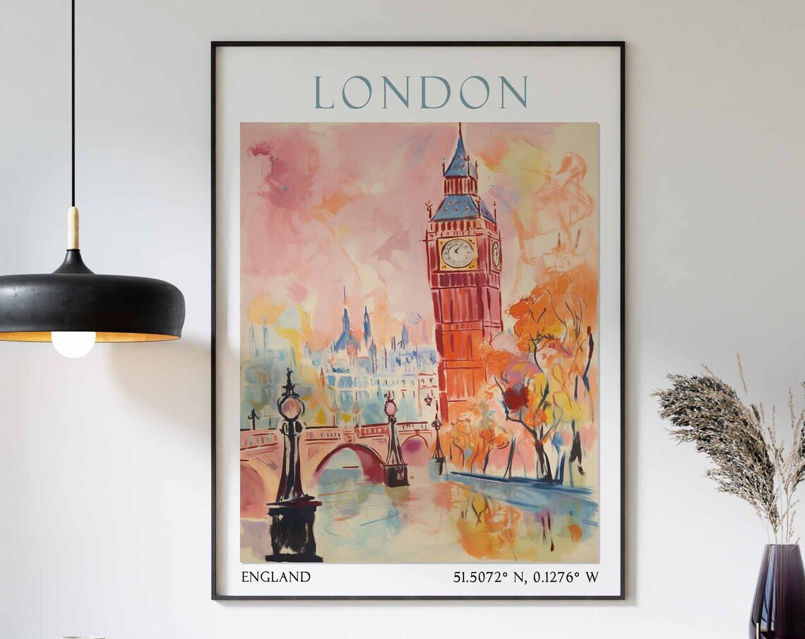 London Big Ben Close Up Autumn Trees Watercolor Travel Poster