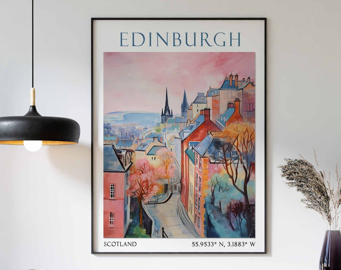 Edinburgh Old Town Cobblestone Street with Spires Poster Art