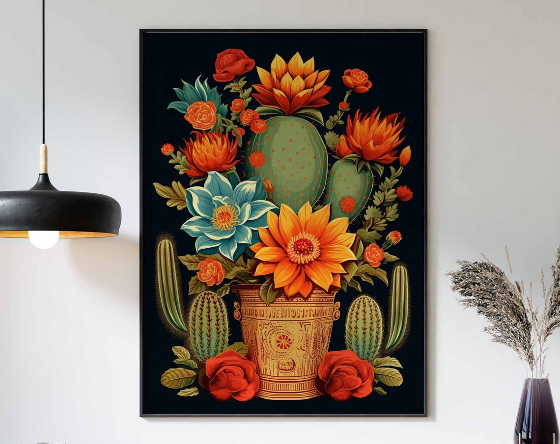 Blooming Prickly Pear Cactus Flower Pot Colorful Mexican Print