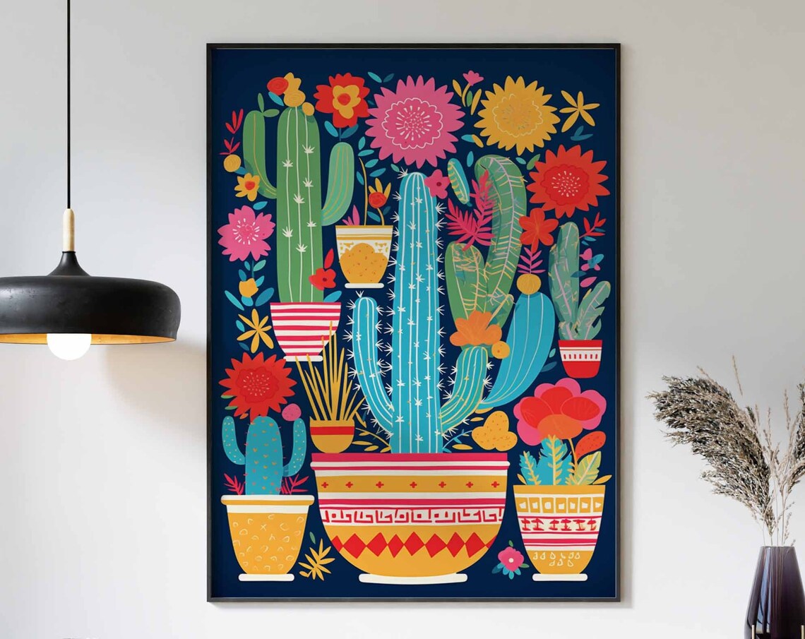 Colorful Potted Cacti and Bright Flowers Poster on Navy Blue