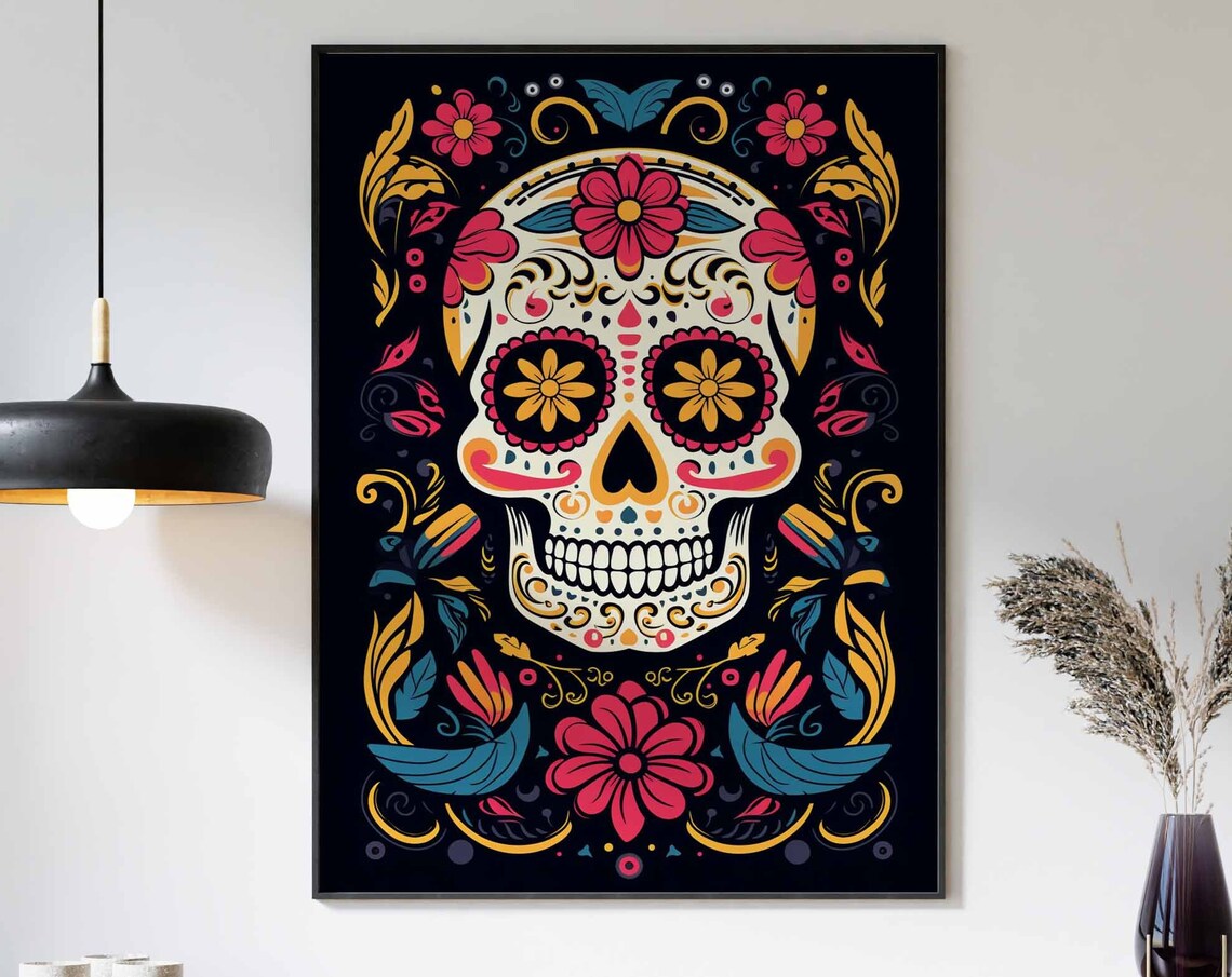Elegant White Sugar Skull Poster with Pink Teal Flowers on Black