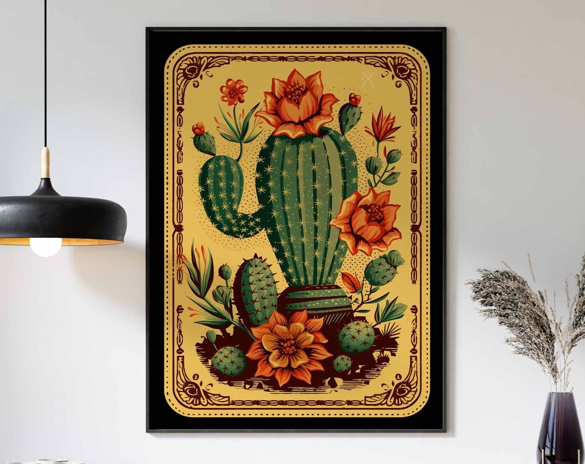 Blooming Cactus Orange Flowers Gold Ornate Border Mexican Poster