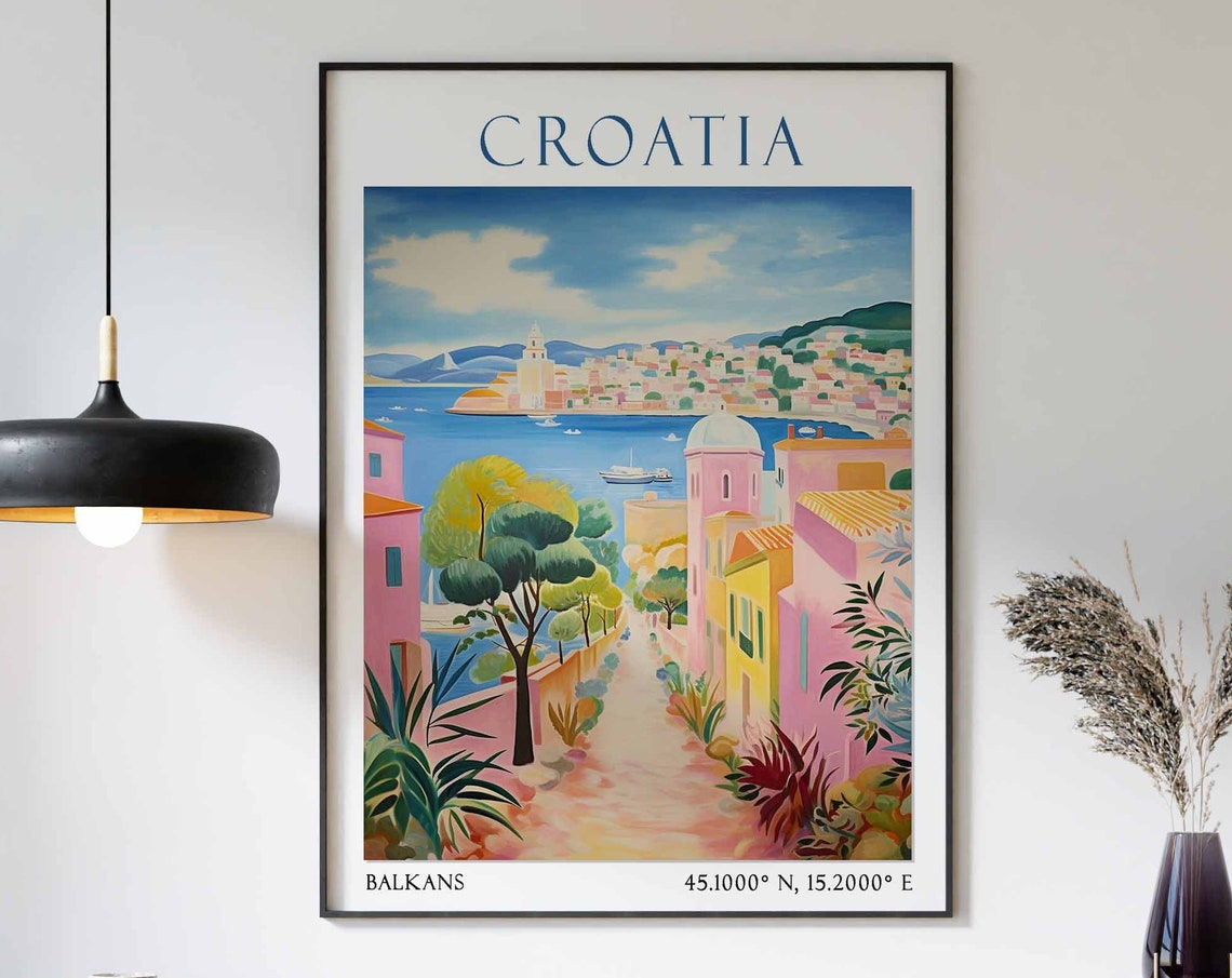 Croatia Travel Print Croatia Travel Poster Coastal Wall Art Landscape Print European Travel Decor Mediterranean Sea Art Vintage Decor