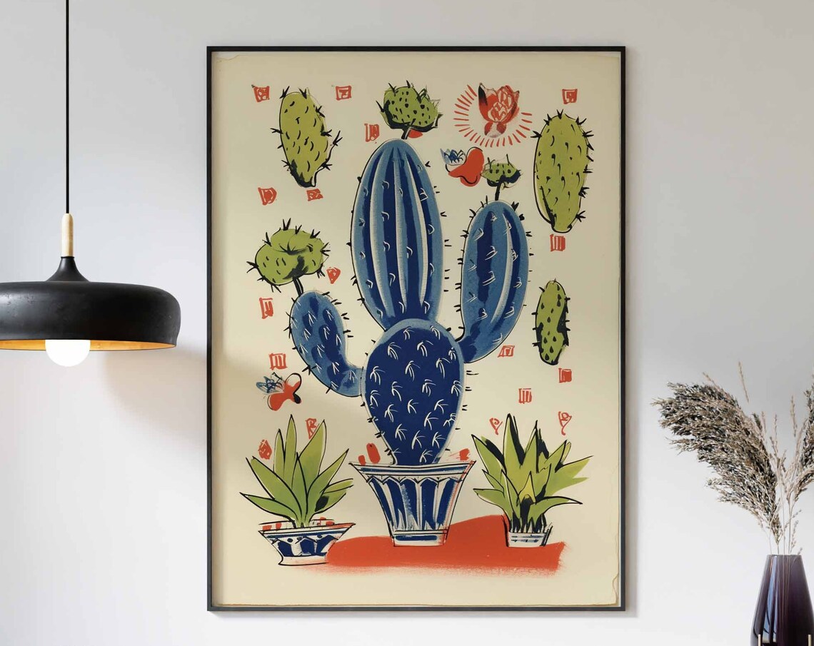 Retro Blue Prickly Pear Cactus Poster with Vintage Red Stamp Art