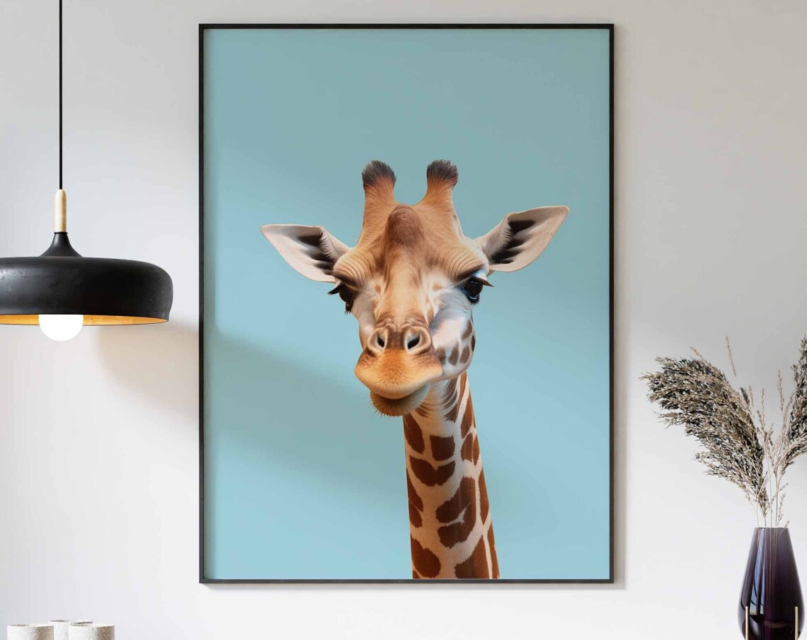 Baby Giraffe Portrait on Teal Background with Curious Eyes Poster