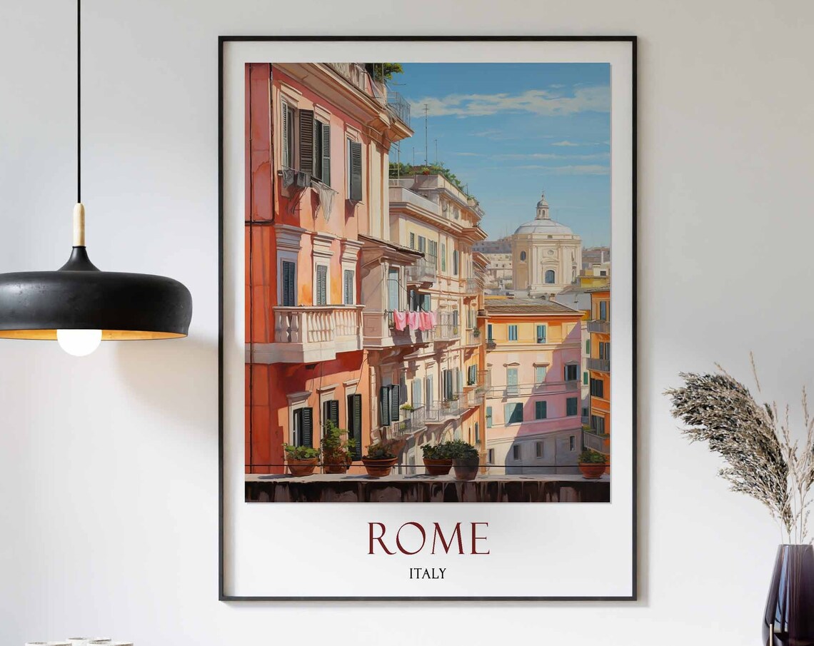 Rome Italy Sunlit Old Town Street Balconies Dome View Poster
