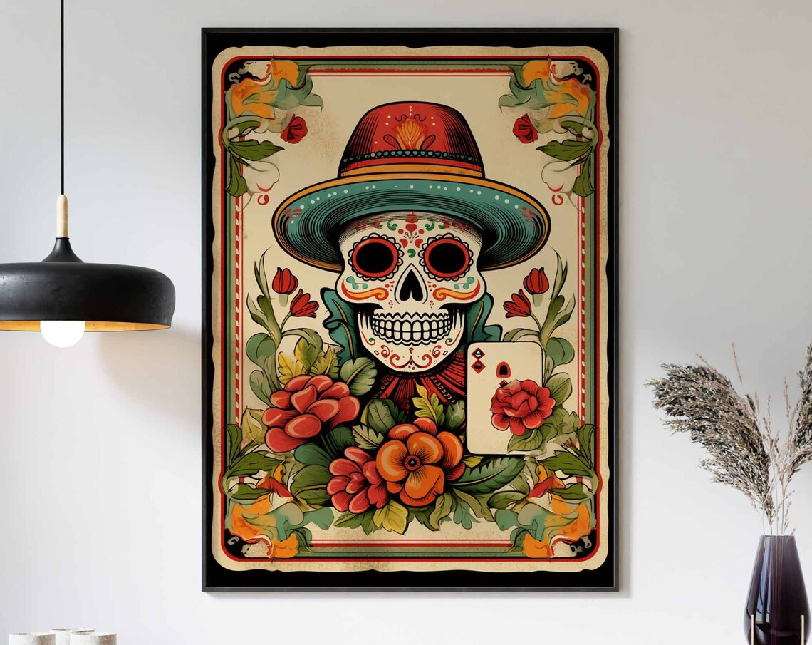 Day of the Dead Skull Red Sombrero Playing Card Vintage Poster