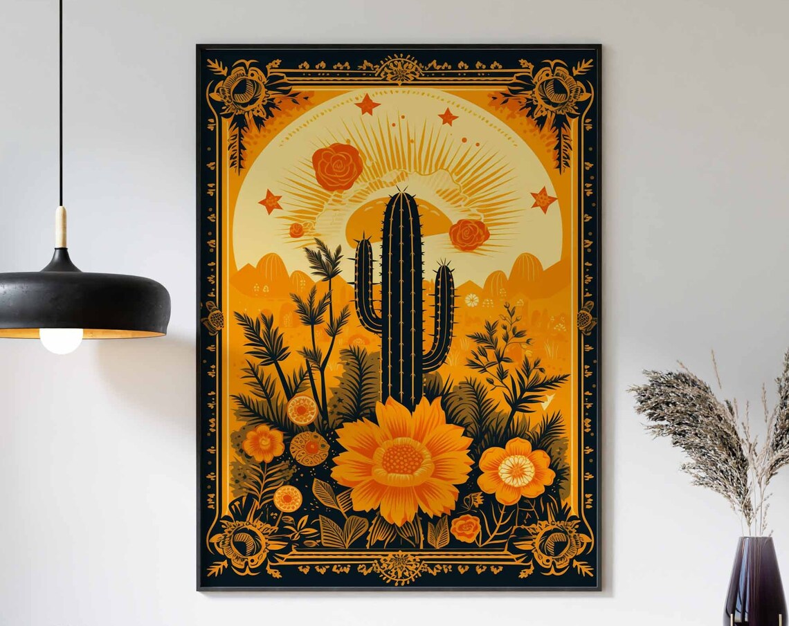Mexican Tarot Cactus Sun Black Gold Ornate Roses Art Deco Poster