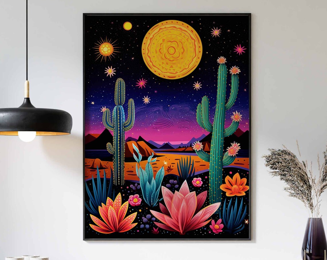 Neon Desert Night Landscape Poster with Cacti Moon and Flowers