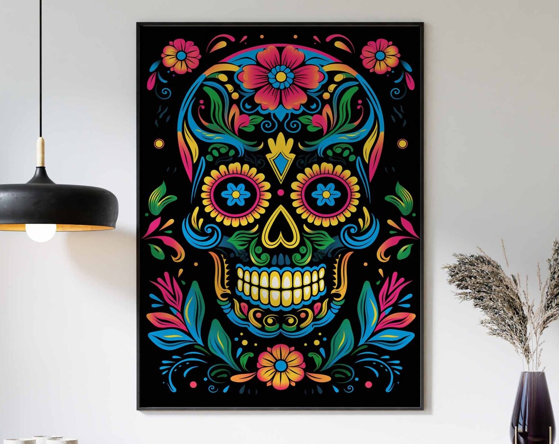 Bold Blue and Pink Sugar Skull Poster with Sunflower Eyes Decor