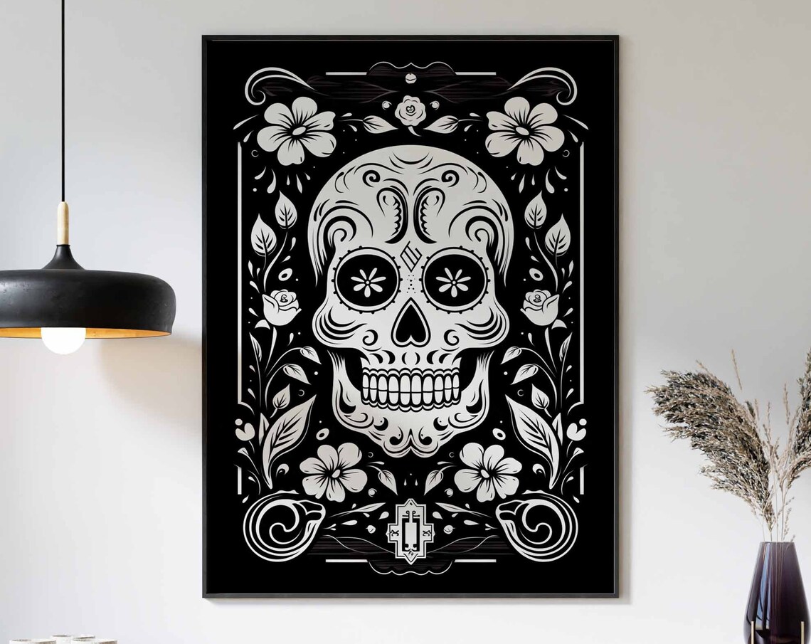 Black and White Sugar Skull Floral Ornament Linocut Wall Art