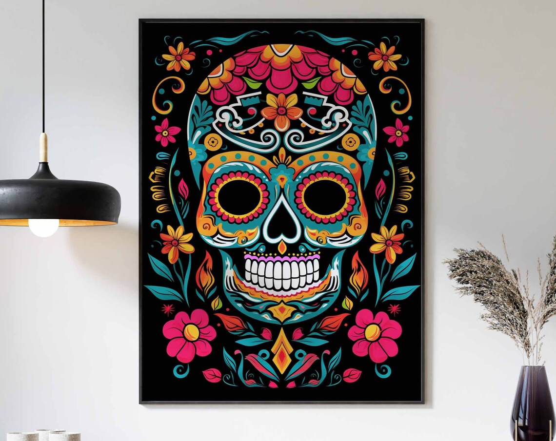 Bright Teal and Pink Sugar Skull Poster with Flower Crown on Black