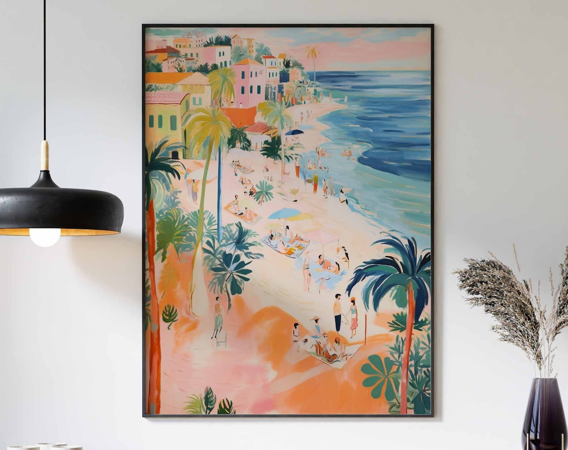 Aerial Busy Beach Colorful Hillside Teal Sea Summer Day Poster