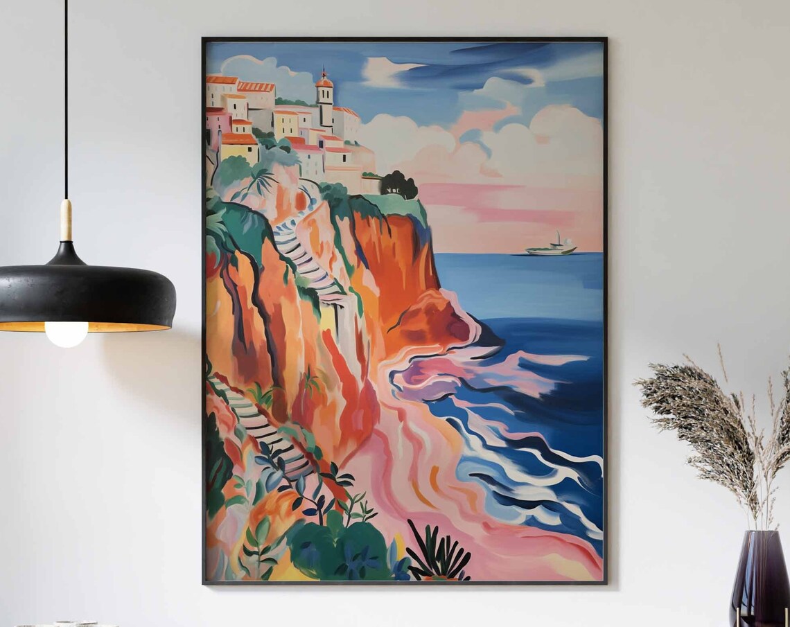 Hilltop Village with a Church Tower Above the Red Cliffs Poster