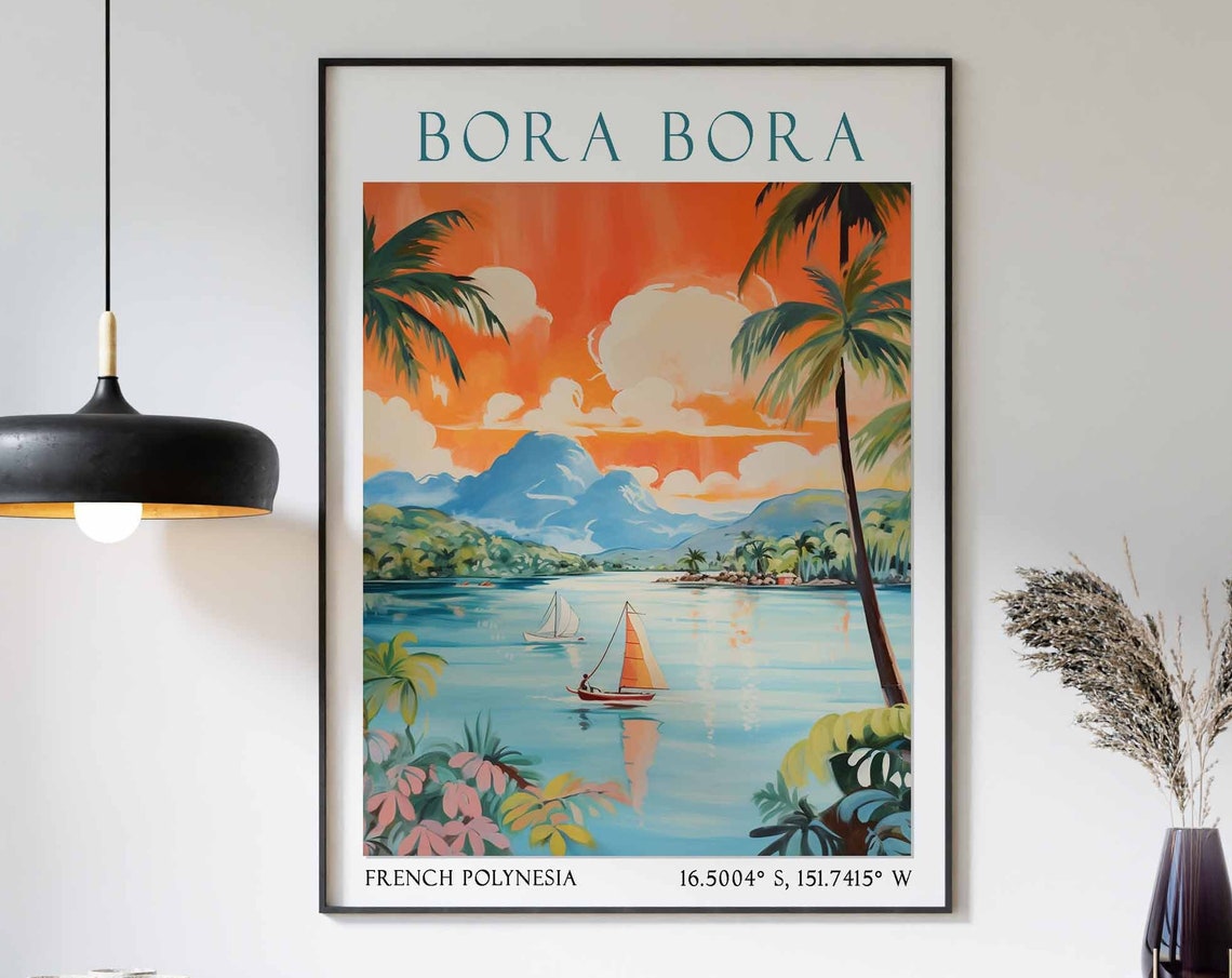 Sunset Sailboats on the Bora Bora Lagoon with Palm Trees Poster