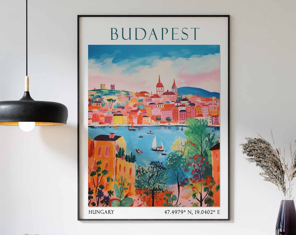 Danube River with Sailboats and Colorful Budapest Cityscape Poster