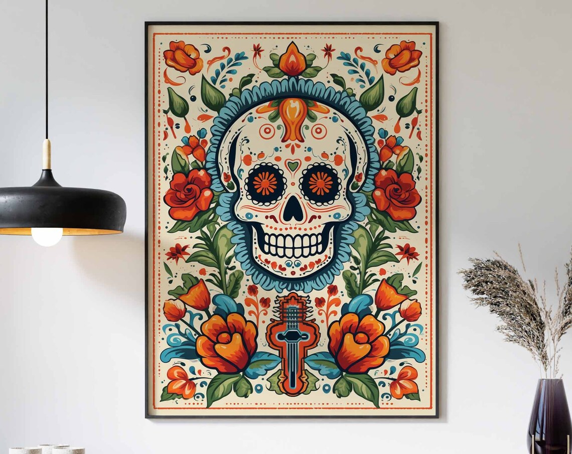 Day of the Dead Skull Blue Halo Guitar Cream Floral Folk Poster