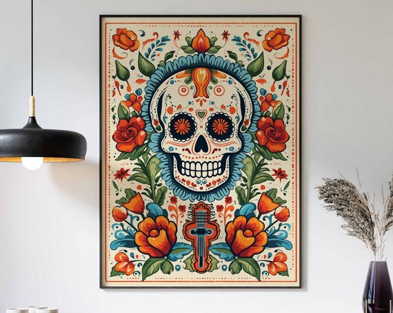 Day of the Dead Skull Blue Halo Guitar Cream Floral Folk Poster
