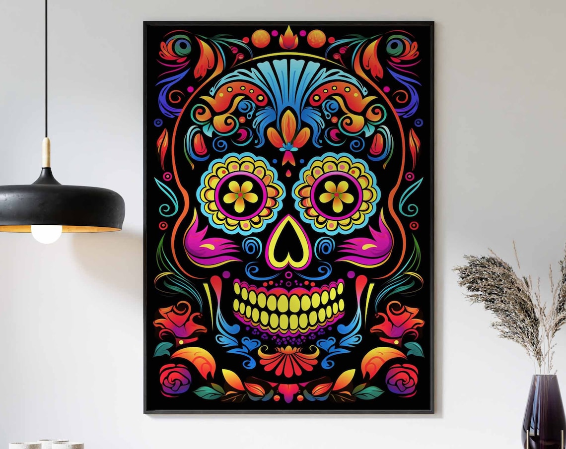 Neon Blue Purple Sugar Skull Poster with Flower Eyes on Black