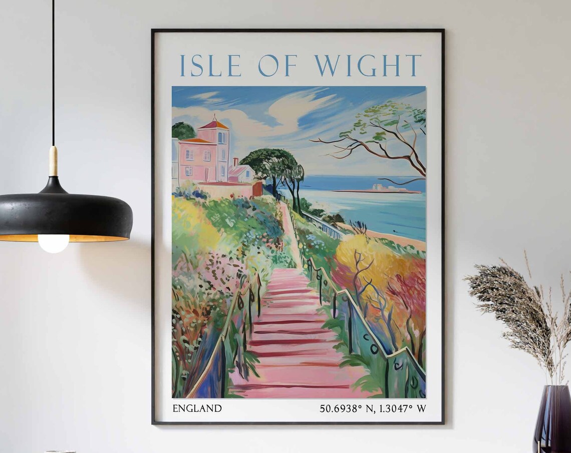 Isle of Wight Red Stairs Beach Pink Houses Watercolor Travel Poster