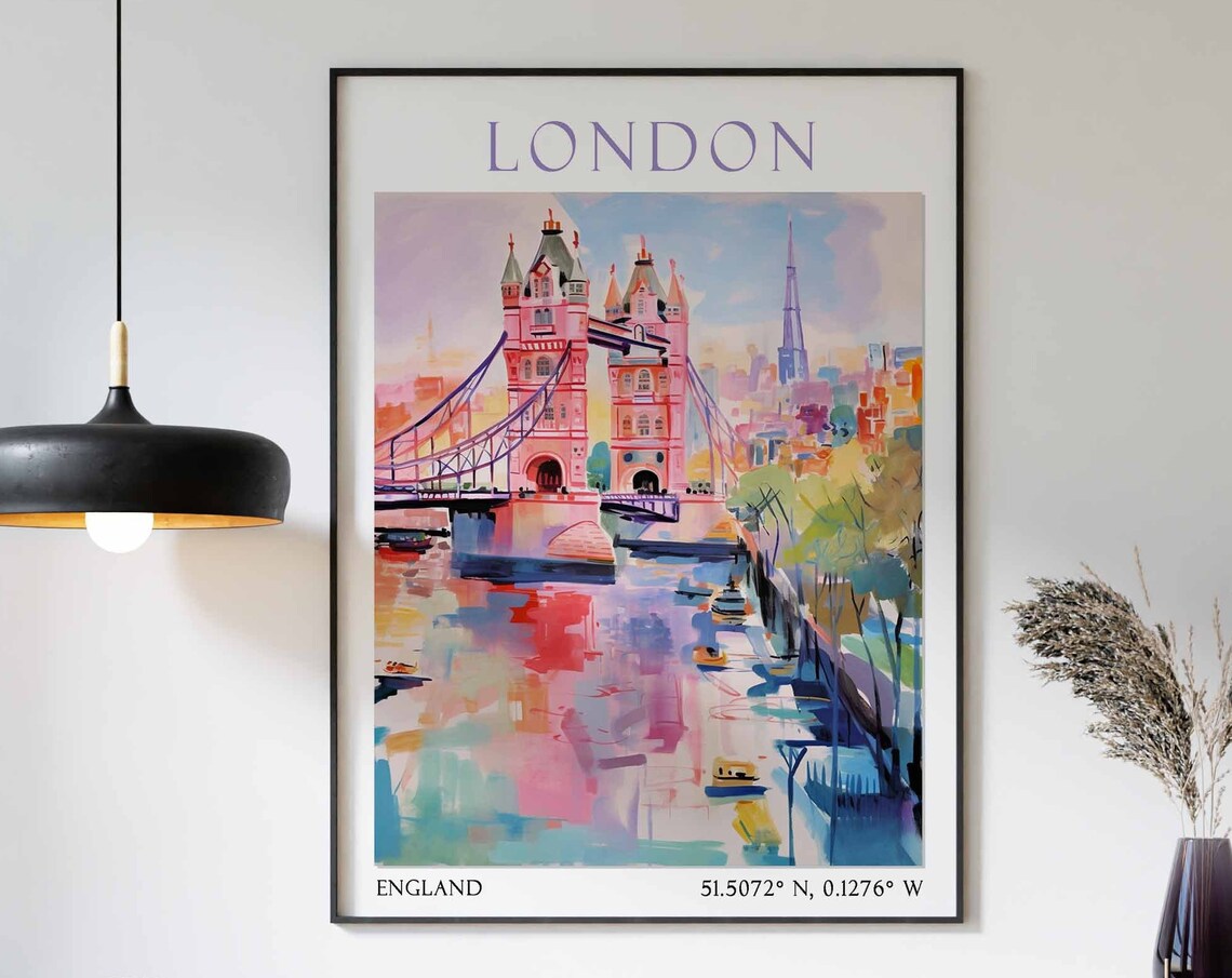 London Tower Bridge Pink Reflections Watercolor Travel Poster