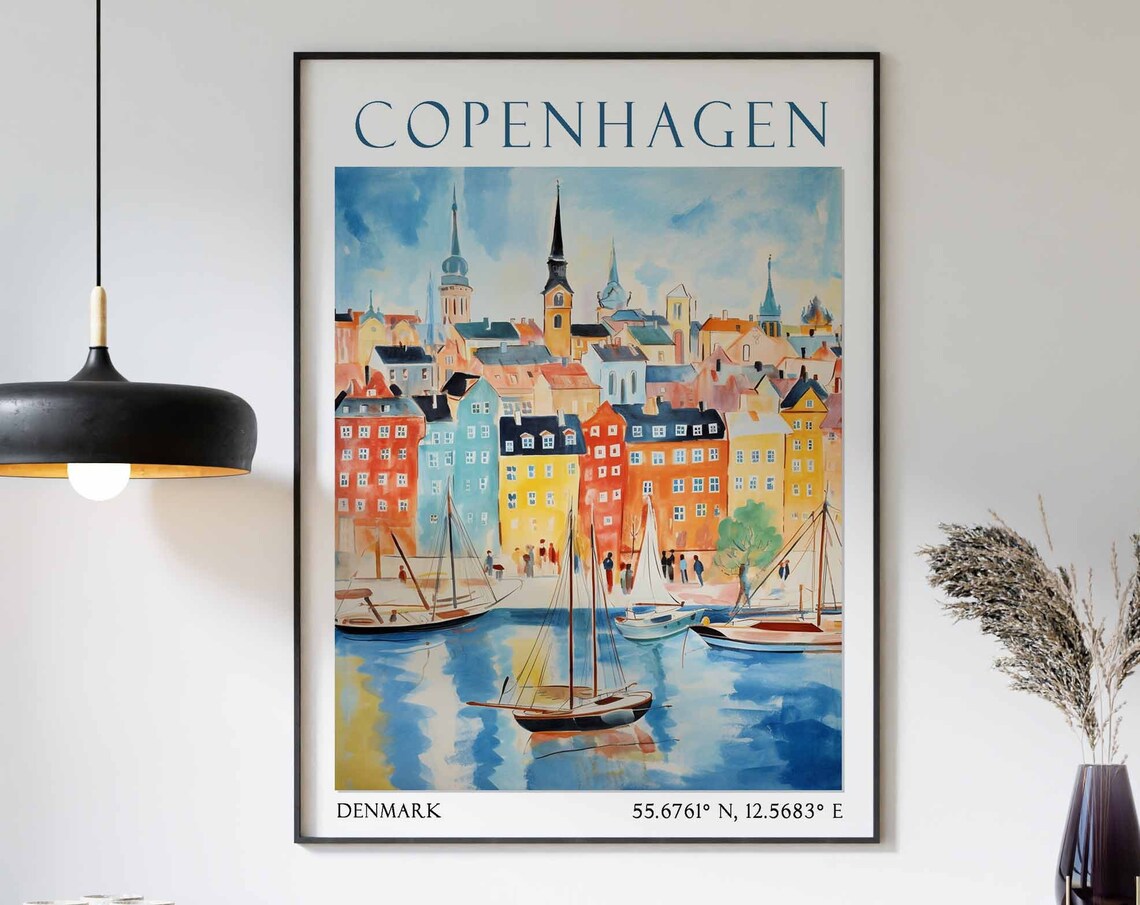 Copenhagen Waterfront Colorful Houses and Sailboats Poster Art