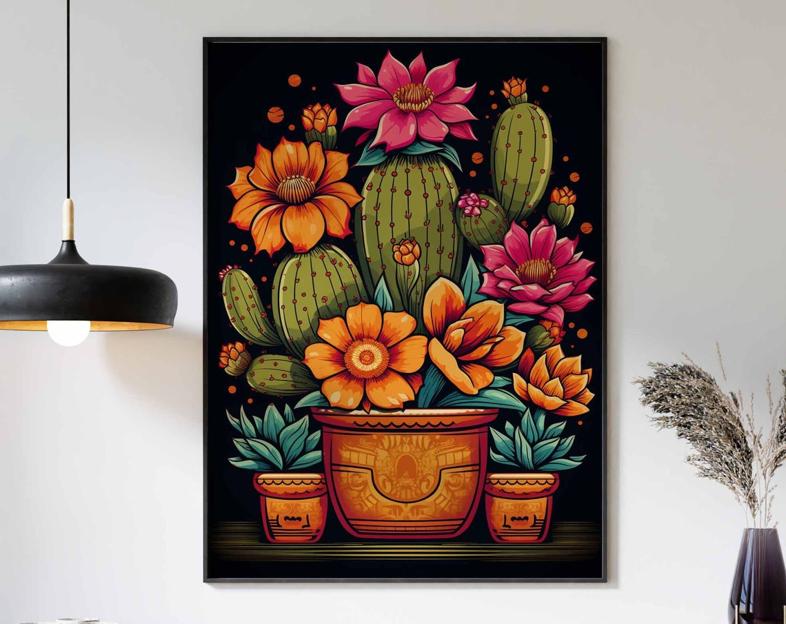 Colorful Mexican Terracotta Pots Blooming Cacti Aztec Black Poster