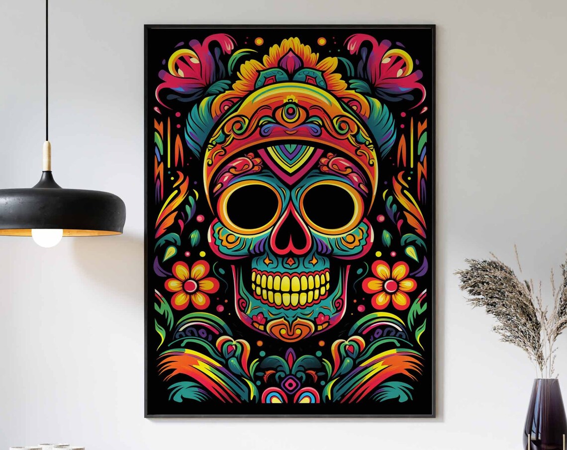 Neon Sugar Skull with Tribal Headdress Poster Rainbow on Black