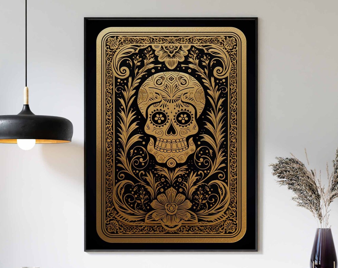 Gold Filigree Sugar Skull Ornate Black Background Elegant Wall Art