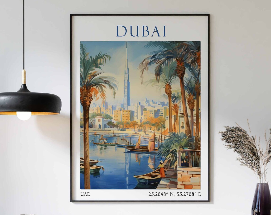 Dubai Harbor with Wooden Dhows and Burj Khalifa Skyline Poster Art