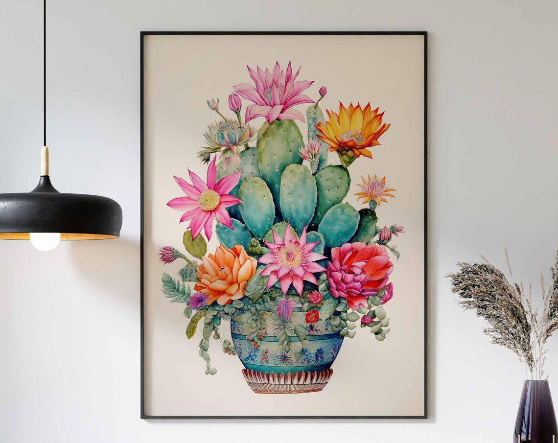 Flowering Prickly Pear Cacti in a Decorative Pot Watercolor Poster
