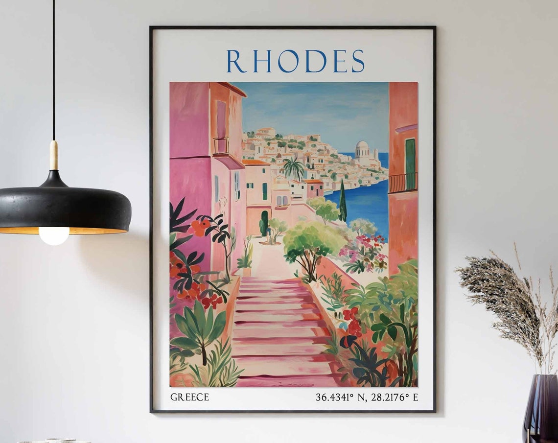 Rhodes Greece Flowered Pink Staircase Harbor Town View Poster